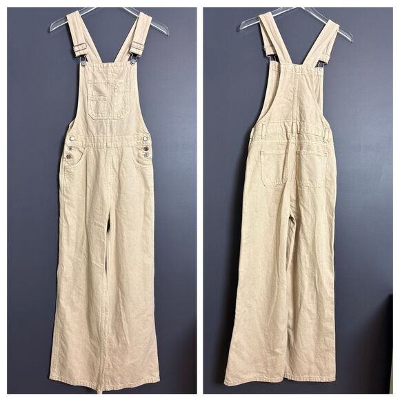 Primark Beige Cream 100% Cotton Wide Leg Denim Jean Women's Overalls Size US 0 - Picture 1 of 16